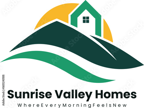 Sunrise valley homes logo with house on hill and sun