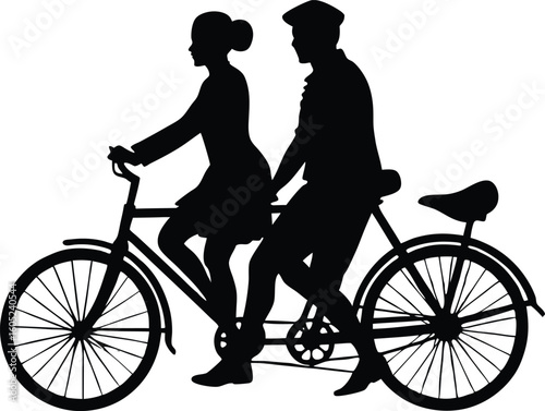 Couple Riding Tandem Bicycle Silhouette