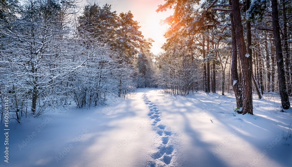 Naklejka premium snowy trail with footprints in serene winter forest landscape