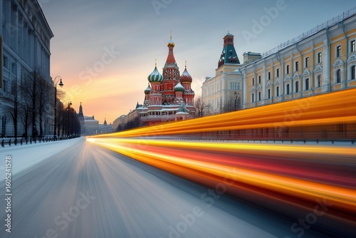 Golden streaks guide to Saint Basils Cathedral on a snowy Moscow evening