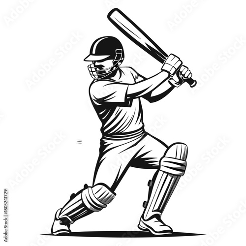 A black and white illustration of a cricket player batting