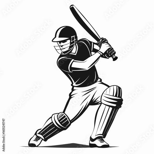 A black and white illustration of a cricket player batting