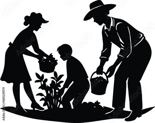 Family Planting Herbs for Business Silhouette