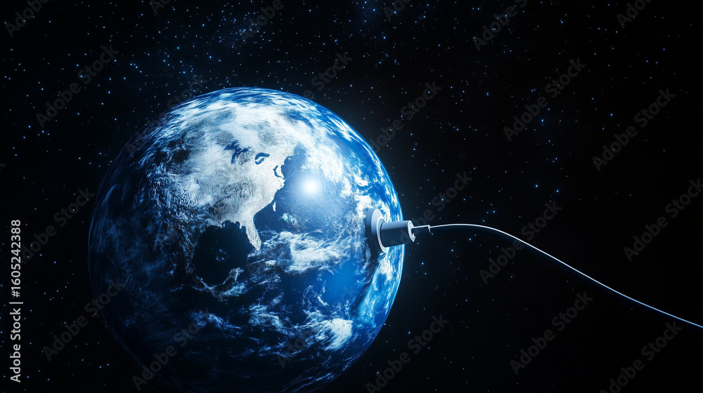 Naklejka premium Planet Earth plugged in and recharging with power cord in space
