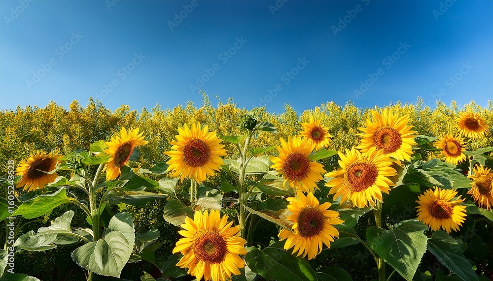 Fototapeta premium bright yellow sunflowers with large green leaves against a clear blue sky symbolizing nature and summer warmth
