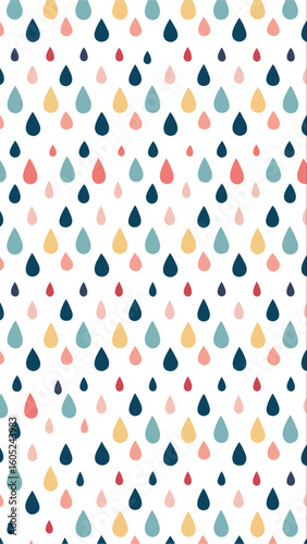Whimsical pattern of colorful teardrop shapes scattered across a clean white background