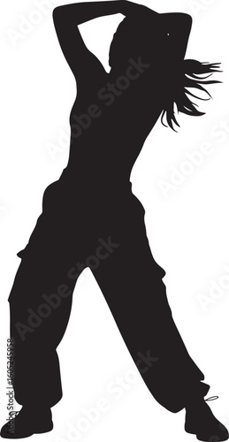 Black silhouette of a woman dancing with arms raised and hair flowing female dancer