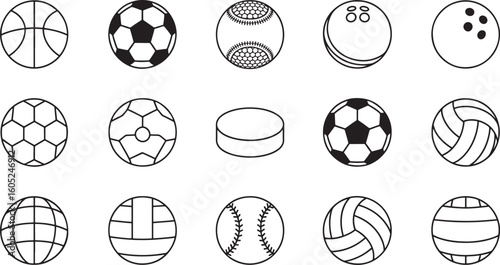 Collection of black and white line art sports balls and puck basketball soccer ball