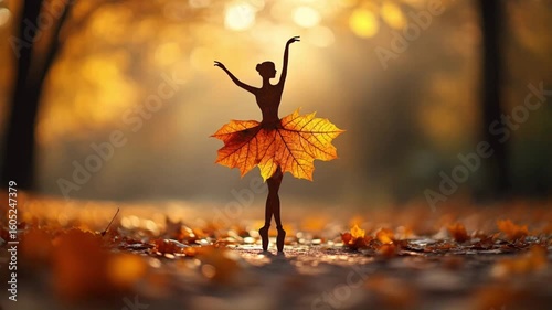A silhouette of a female dancer wearing a costume made of autumn leaves. The background features a forest with golden foliage and soft sunlight filtering through.