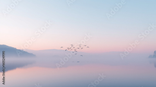 A minimalistic composition of a small, misty lake surrounded by rolling hills, just before sunrise. The landscape is rendered in pastel tones—faded blue, rose pink, and soft lavender. A flock of birds