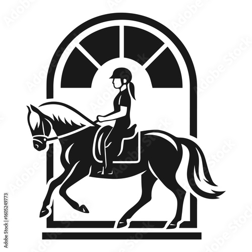 Female equestrian riding a horse in front of an arched window silhouette style