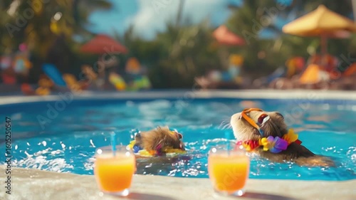 Two cute hamsters wearing sunglasses and floral leis sit by a pool, each holding a glass of orange juice. The scene is bright and cheerful, evoking a summer vibe.