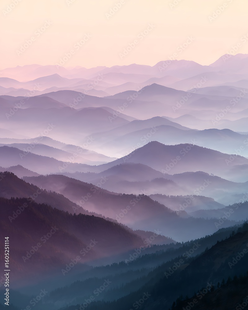 Fototapeta premium A serene landscape of misty mountains layered in shades of blue and purple creates a dreamy vista