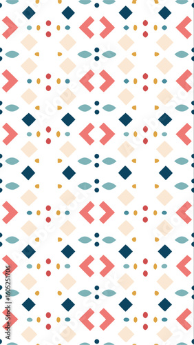 Geometric tribal pattern featuring repeating arrows diamonds and dots in pastel hues on white background