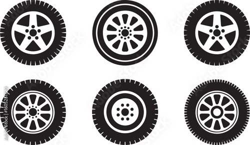 Six black car tire icons with different rim designs on white background wheel automotive