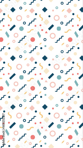 Retro memphis style geometric pattern with playful shapes and pastel colors on white background