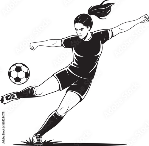 Woman soccer player kicking ball in black and white illustration football female