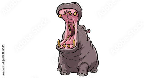 A hippo yawning, vector funny style, plain white background