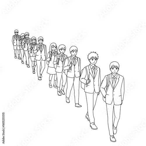 Group of students walking in line in school uniforms with bags  