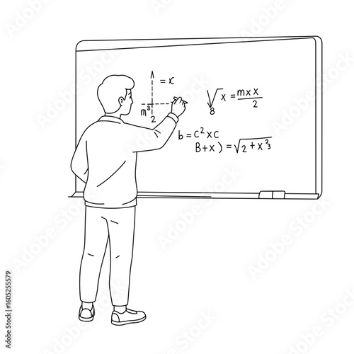 Young student writing mathematical equations on classroom whiteboard  