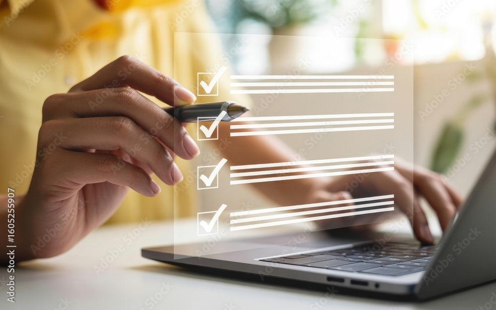 Fototapeta premium Businessperson completing an online survey with a digital checklist. Concept for customer feedback, task management, and successful evaluation.