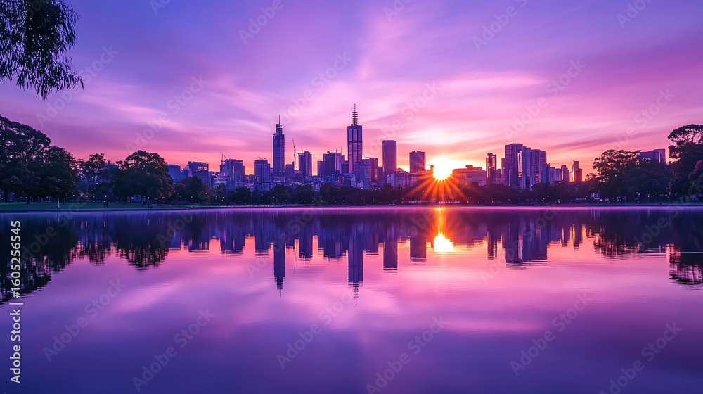 Obraz premium The Melbourne skyline reflected in Albert Park Lake during a purple sunrise.