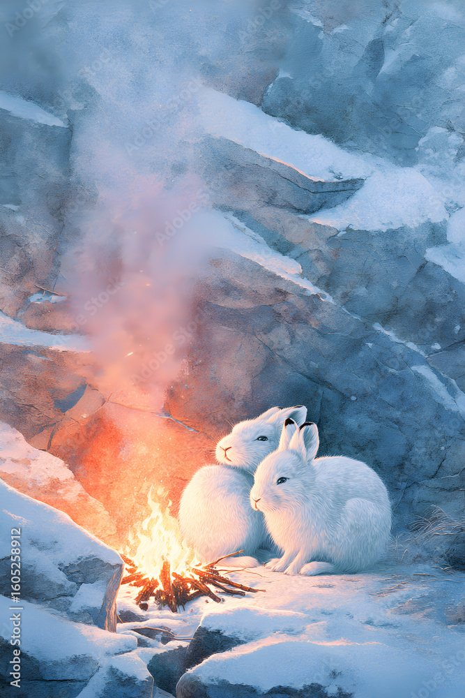 Fototapeta premium Warm Companionship: Arctic Hares Embracing Fire's Glow Beneath Snow-Covered Shelter