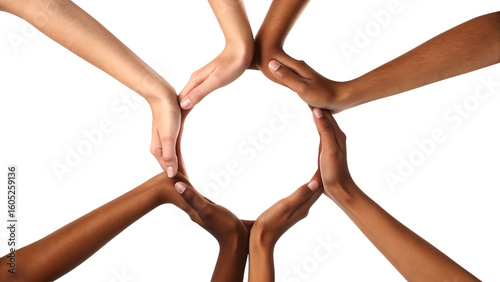 conceptual symbol of multiracial human hands makin isolated on white background, png, ai generated.