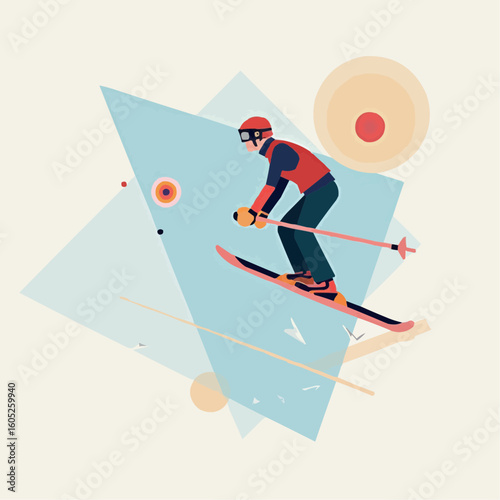 Person skiing downwards in vector style with colorful geometric shapes  