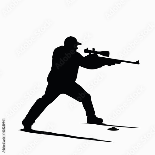 Man shooting in biathlon style with rifle in high contrast vector style  