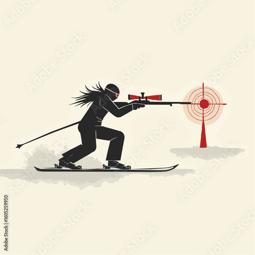 Biathlon shooting athlete aiming with rifle while skiing in vector style  
