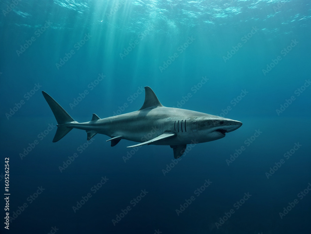 Fototapeta premium Streamlined shark glides effortlessly through clear blue waters with sunlight creating a beautiful gradient effect. Perfect for aquatic photography and marine conservation awareness