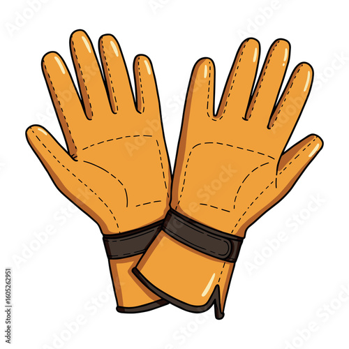 Brown leather work gloves with black trim and stitching. Vector illustration