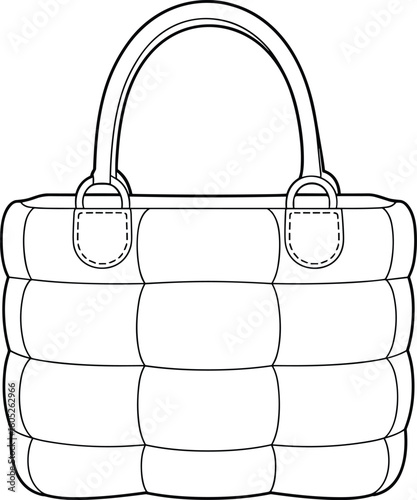  Puffer Tote Bag Fashion Flat Sketch Template, Quilted Handbag Accessory Design, Modern Casual Style Illustration, Technical Drawing Vector, Everyday Shopping Bag.