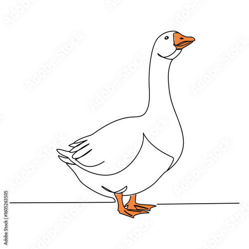 Minimalist line drawing of a goose with orange beak and feet. Vector illustration