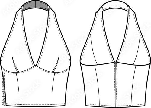 Women's Halter Neck Crop Top Fashion Flat Sketch Template, Deep V-Neck Style, Backless Design, Technical Drawing Illustration, Trendy Summer Apparel Vector.