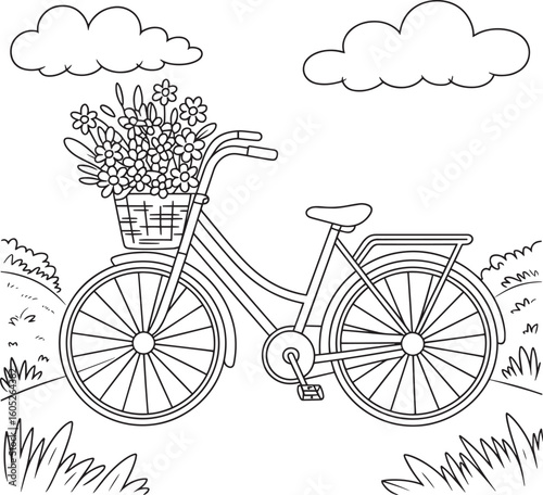 Bicycle with flower basket and clouds flowers grass