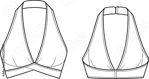 Women's Halter Neck Bralette Fashion Flat Sketch Template, Deep V-Neck Cropped Design, Technical Drawing Illustration, Lingerie Swimwear Apparel Vector.