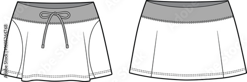 Women's Skort Fashion Flat Sketch Template, Elastic Waistband with Drawstring, Activewear Apparel Design, Technical Drawing Illustration, Sporty Casual Style Vector.