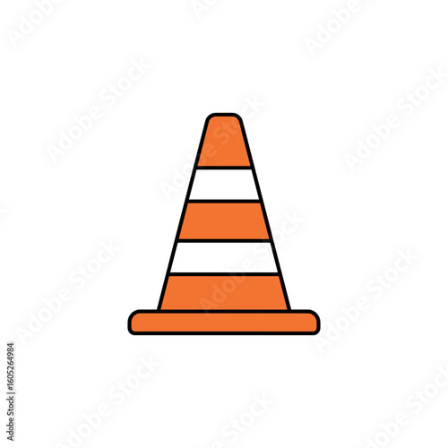 Orange traffic cone with black outline. Vector illustration