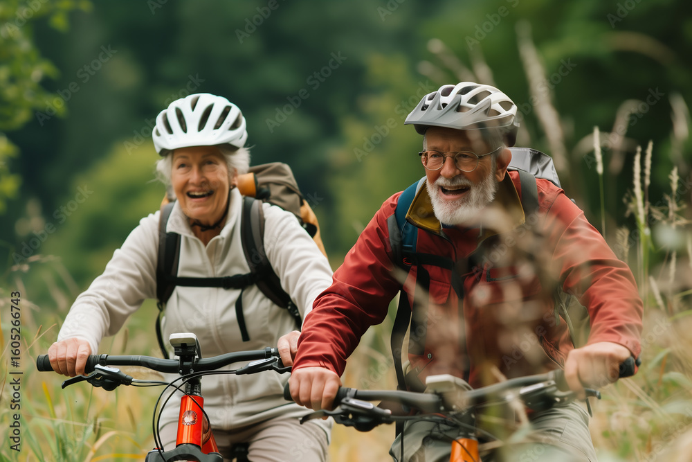 Fototapeta premium Senior couple riding bicycles through green landscape