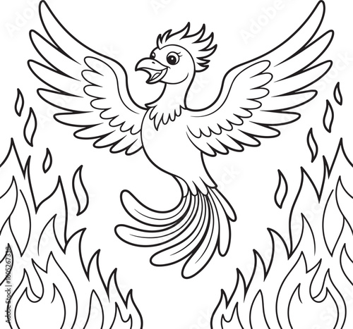 Happy cartoon phoenix bird with wings spread flying above flames fire