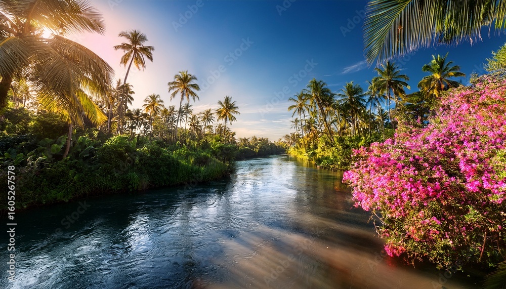 Obraz premium tropical river scene with pink flowers blooming among palm trees and lush greenery