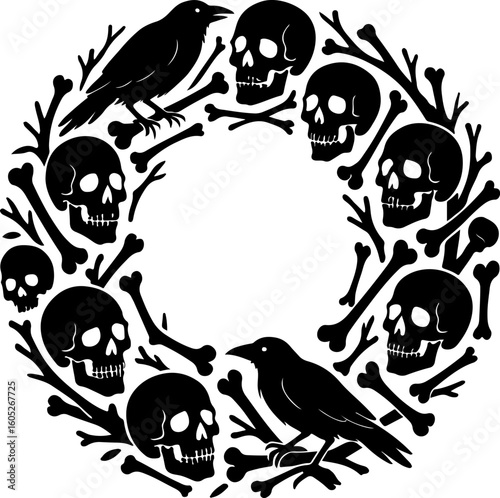 A macabre circular wreath design featuring silhouetted crows and human skulls interspersed with scattered bones and twigs