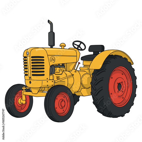 Vintage yellow tractor with red wheels and simple design. Vector illustration