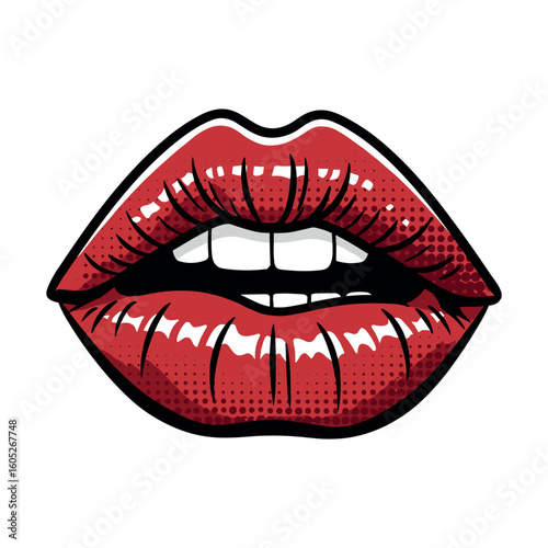 Pop art style red lips with halftone effect and white background. Vector illustration