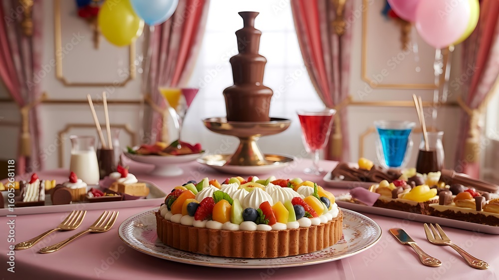 Naklejka premium Delicious Fruit Tart and Chocolate Fountain at a Festive Party