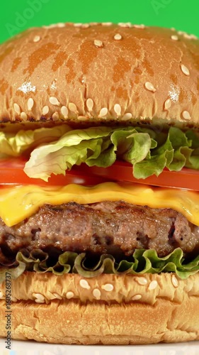Juicy Cheeseburger with Lettuce, Tomato, and Melted Cheese in a Toasted Bun – Classic American Fast Food Favorite Served Hot and Fresh.