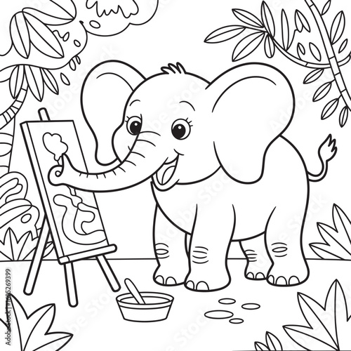 Happy elephant painting in jungle with easel and paint vector