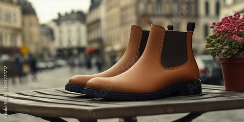 Stylish Brown Leather Boots Displayed on a Wooden Table in a Charming Europea...